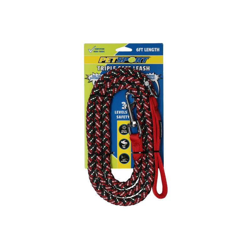 Laisse triple sécurité Petsport rouge 1,8 m