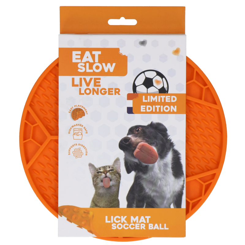 Tapis à lécher « Eat Slow Live Longer » Ballon de football orange (édition limitée EC)