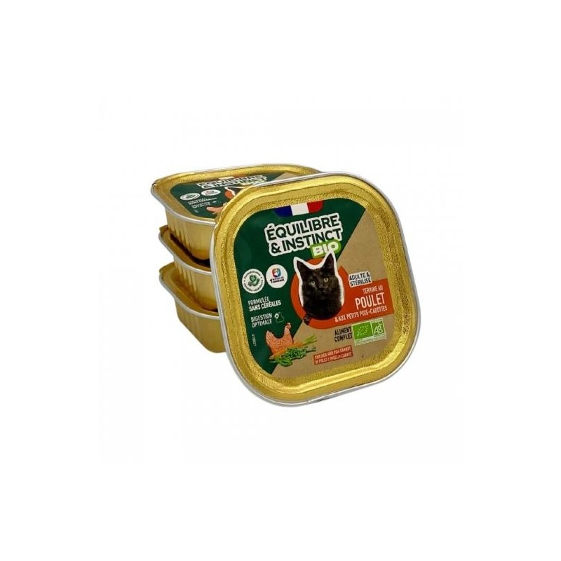 Terrine BIO chat adulte riche en poulet et aux petits pois-carottes - Equilibre & Instinct 85g