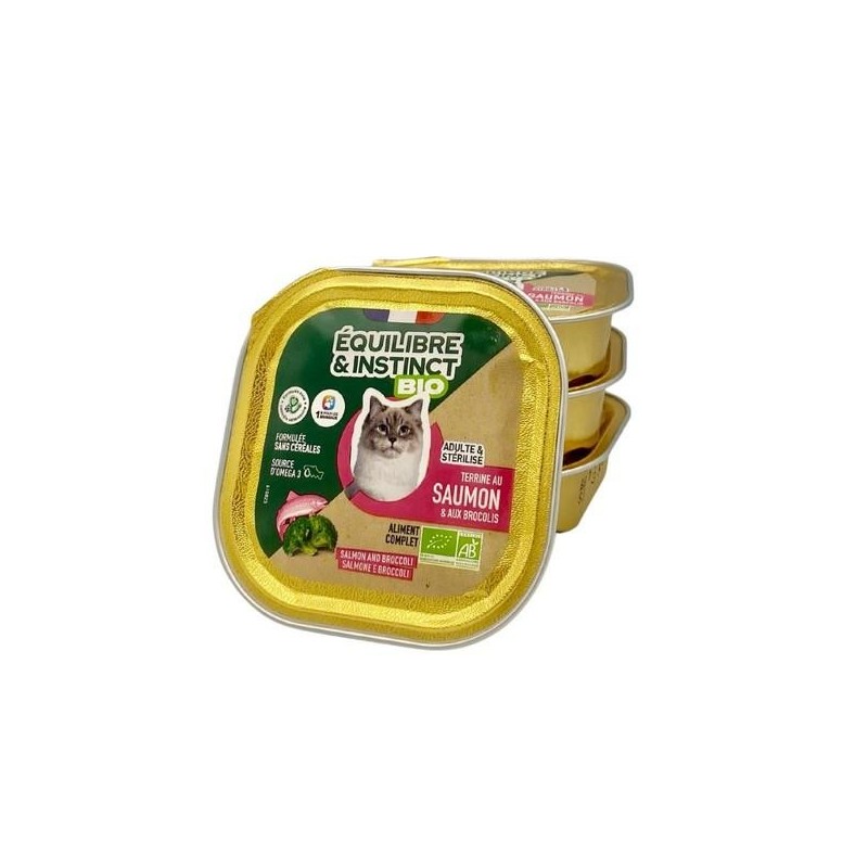 Terrine BIO chat adulte riche en saumon et aux brocolis - Equilibre & Instinct 100g