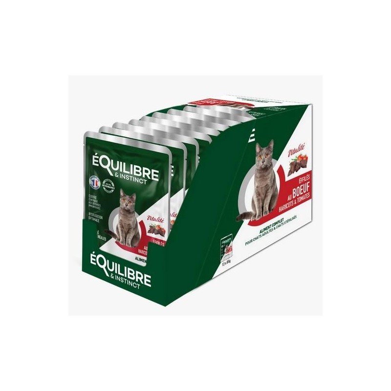 Equilibre et Instinct - Emincés chat, boeuf, haricots et tomates  12 pochons de 85g